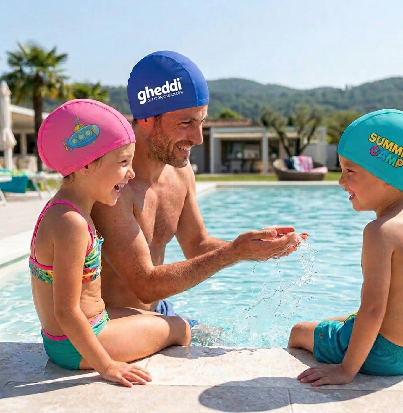 Famiglia in piscina con cuffie da nuoto Gheddi personalizzate in poliestere