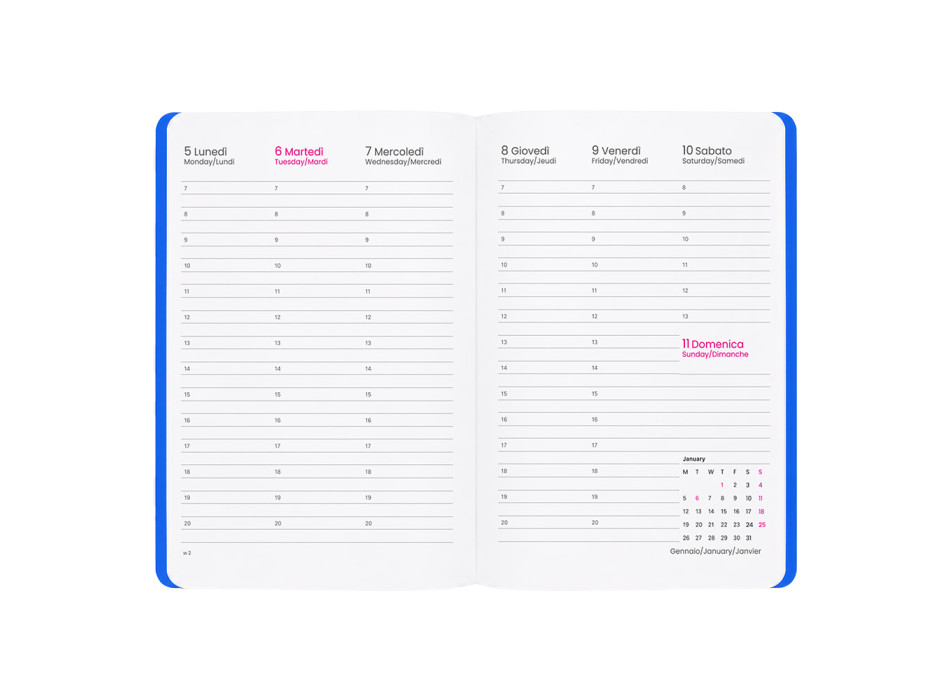 Agenda settimanale 2027. Copertina flessibile in soft PU e bordo pagine colorato Gheddi