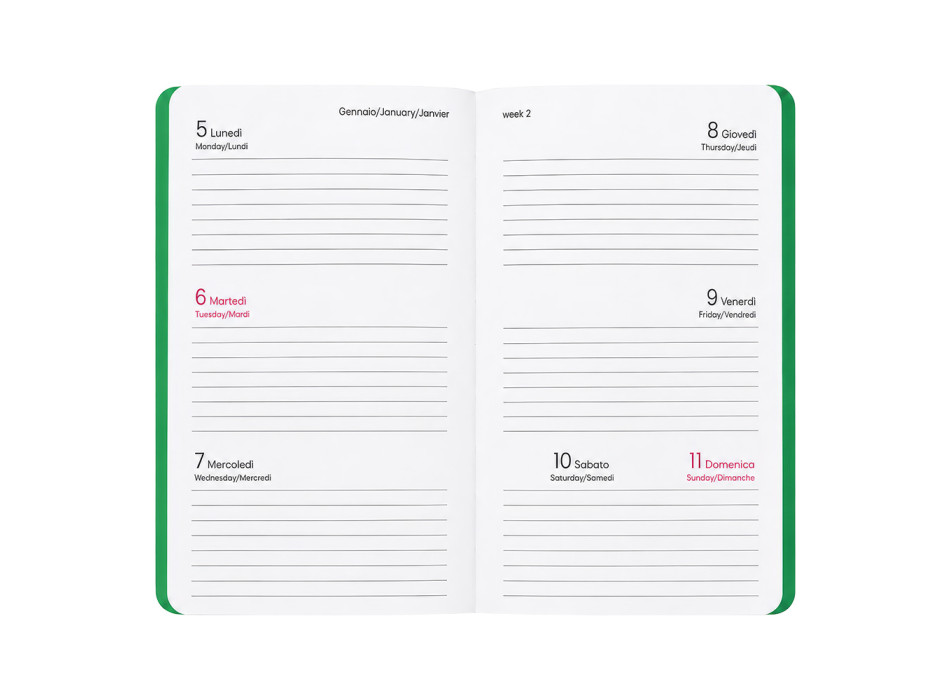 Agenda tascabile settimanale 2027. Copertina flessibile in soft PU e bordo pagine colorato Gheddi