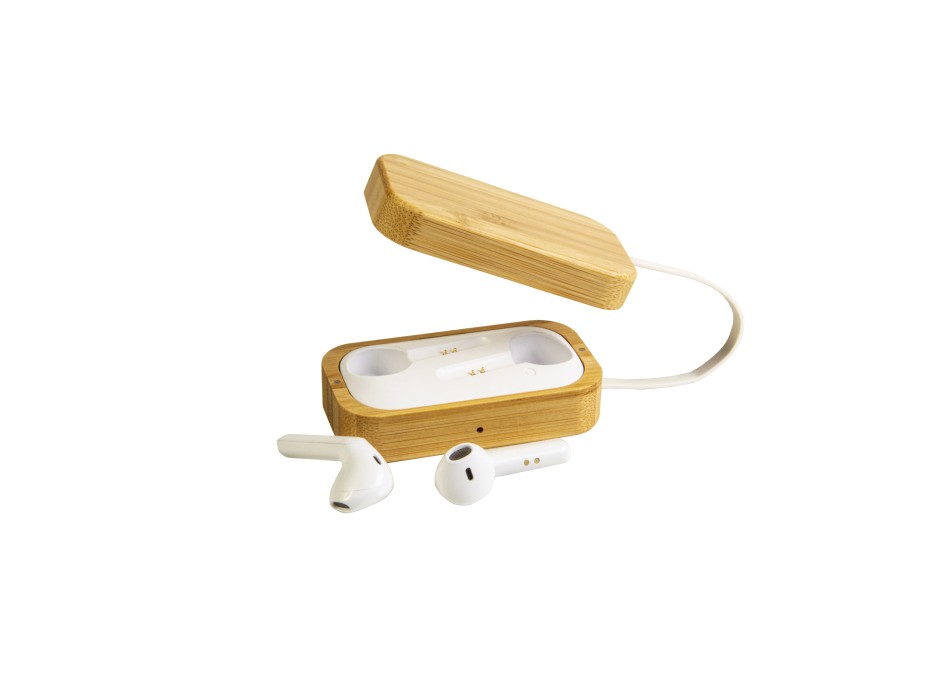 Auricolari bluetooth con scatola di ricarica in bambù e cavo di ricarica micro USB incluso