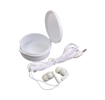 Auricolari stereo in ear in plastica in scatola rotonda personalizzabile. Jack 3,5 mm