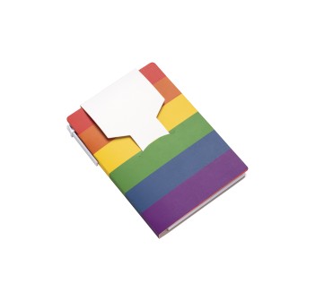 Block notes  in carta con copertina arcobaleno, foglietti adesivi e penna