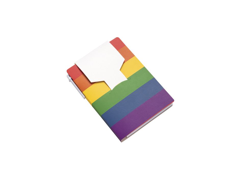 Block notes  in carta con copertina arcobaleno, foglietti adesivi e penna