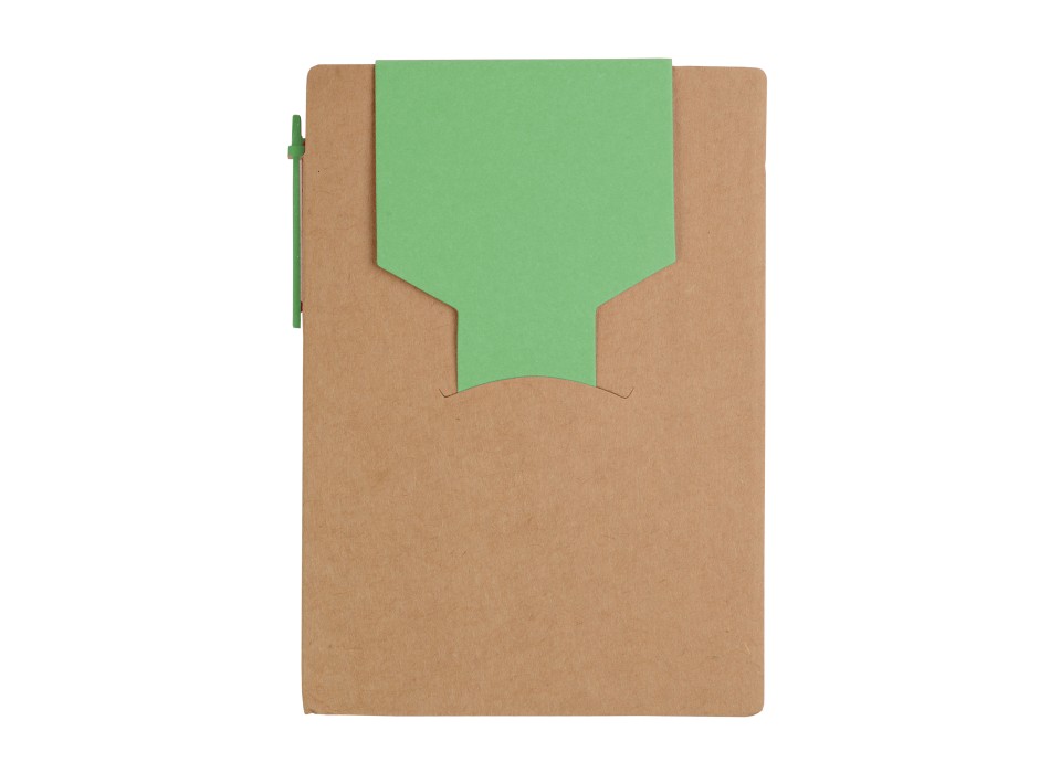 Block notes in carta riciclata, con penna in cartone e foglietti adesivi