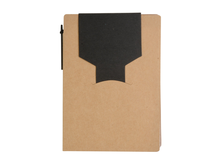 Block notes in carta riciclata, con penna in cartone e foglietti adesivi
