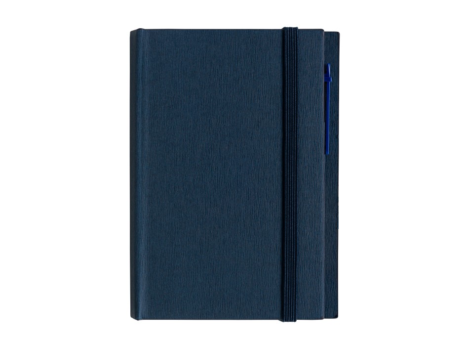 Block notes in cartoncino con elastico colorato, penna, fogli a righe (70 pag.) e fogliett