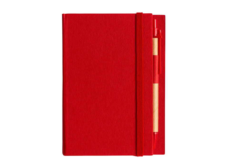 Block notes in cartoncino con elastico colorato, penna, fogli a righe (70 pag.) e fogliett