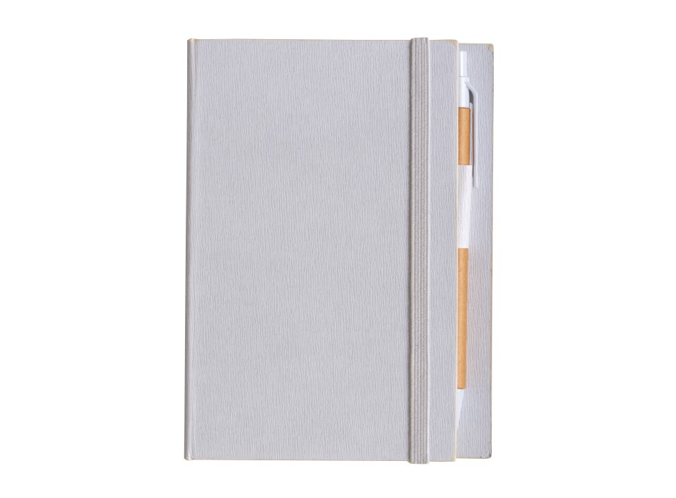Block notes in cartoncino con elastico colorato, penna, fogli a righe (70 pag.) e fogliett