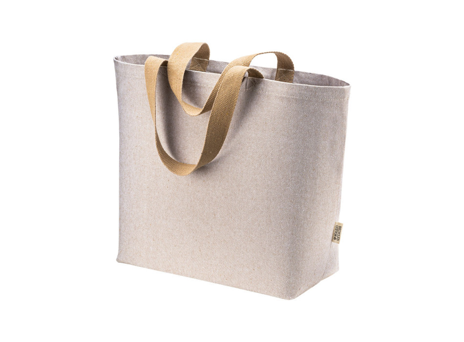 Borsa in cotone riciclato 340 g/m2 con effetto melange. Manici lunghi colorati e soffietto Gheddi