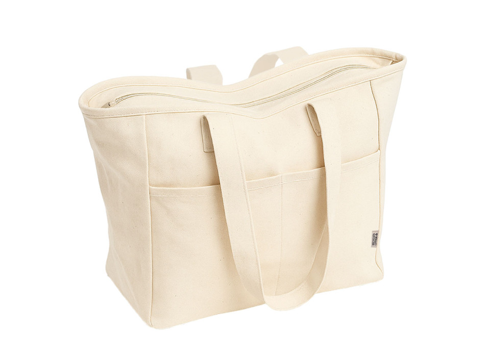 Borsa in cotone riciclato 450 g/m2 con manici lunghi e doppia tasca frontale Gheddi