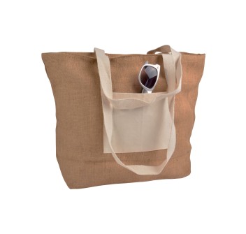 Shopper con soffietto alla base in juta con manici e tasca esterna (18 x 15 cm) in cotone