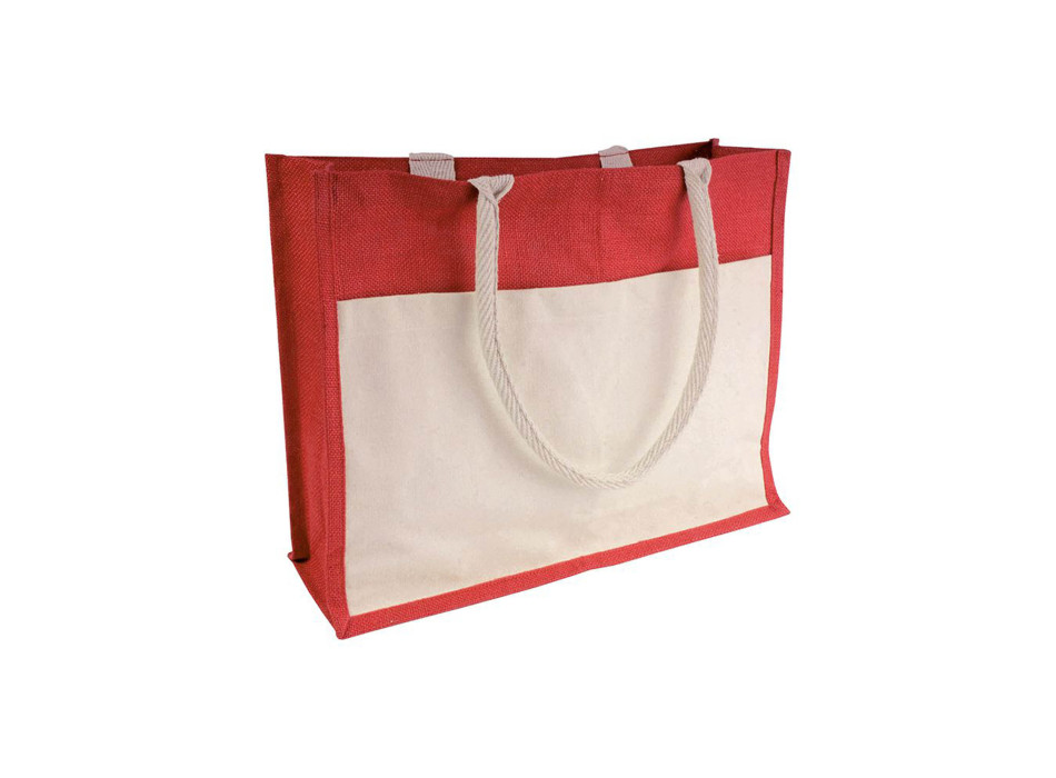 Borsa in juta con interno in PVC, soffietto, manici lunghi e tasca esterna