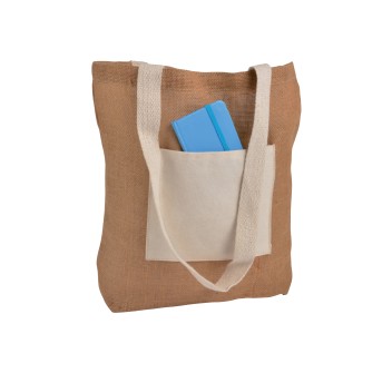 Shopper con soffietto alla base in juta con manici e tasca esterna (18 x 15 cm) in cotone