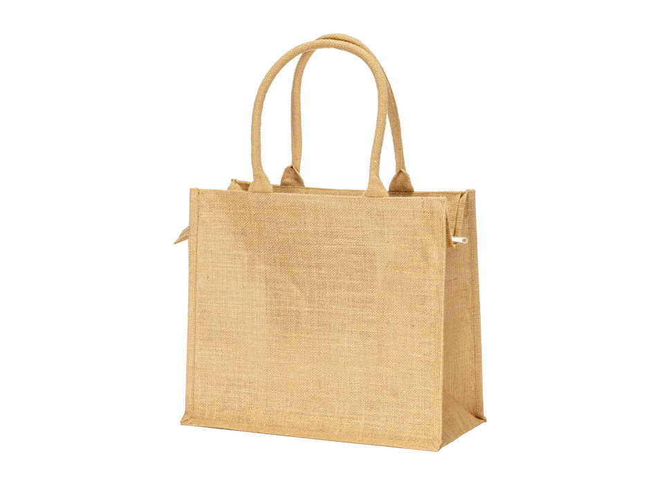 Borsa in juta con manici in cotone. Dotata di chiusura a zip