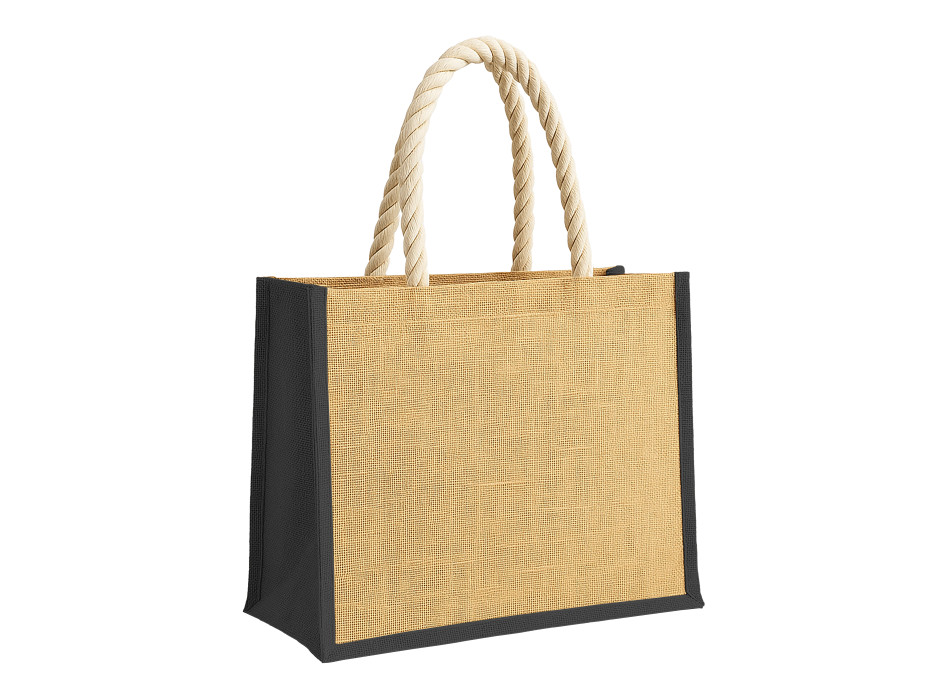 Borsa in juta con manici lunghi in corda e inserti colorati. Con soffietto