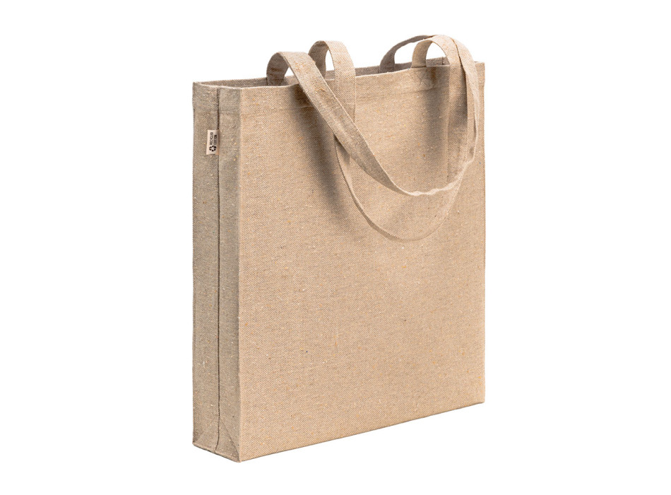 Borsa shopper in cotone riciclato 300 g/m2 con effetto mélange. Manici lunghi e soffietto Gheddi