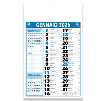 Calendario 2026 da muro mensile bicolore, 12 fogli, su carta patinata, termosaldato