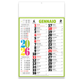 Calendario 2026 da muro mensile multicolore,12 fogli, su carta patinata, termosaldato