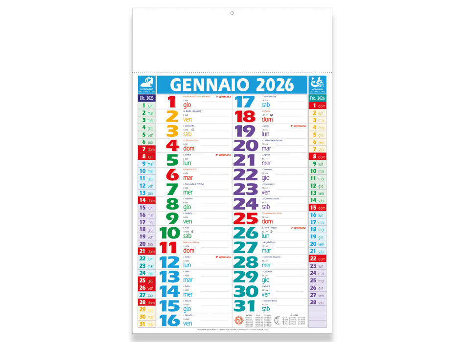 Calendario 2026 da muro mensile multicolore, 12 fogli, su carta patinata, termosaldato