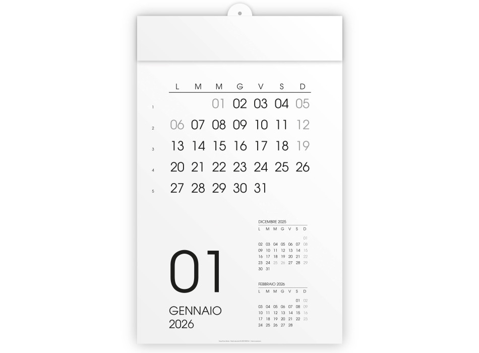 Calendario 2026 da parete mensile, 12 mesi, su cartoncino bianco, termosaldato