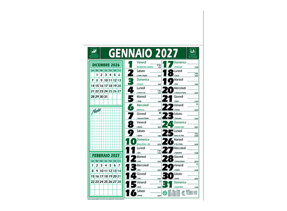 Calendario 2027 da muro mensile bicolore, 12 fogli, su carta patinata, termosaldato Gheddi