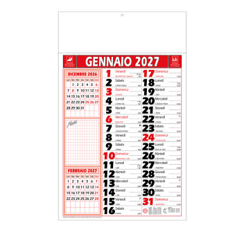 Calendario 2027 da muro mensile bicolore, 12 fogli, su carta patinata, termosaldato Gheddi