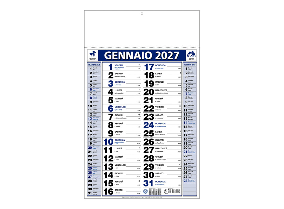 Calendario 2027 da muro mensile bicolore, 12 fogli, su carta patinata, termosaldato Gheddi