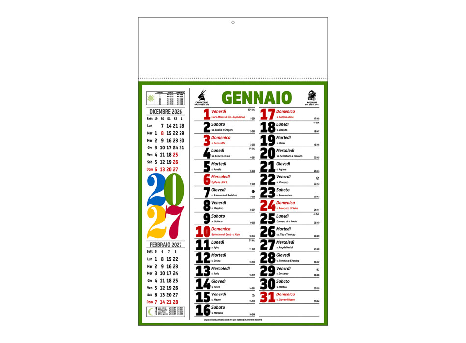 Calendario 2027 da muro mensile multicolore,12 fogli, su carta patinata, termosaldato Gheddi