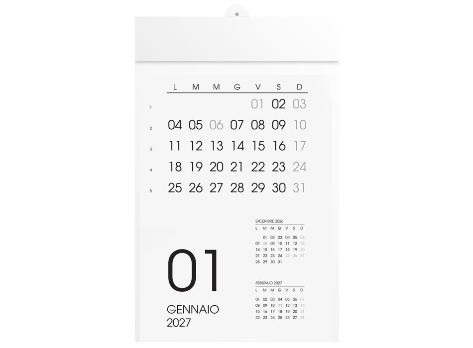 Calendario 2027 da parete mensile, 12 mesi, su cartoncino bianco, termosaldato Gheddi