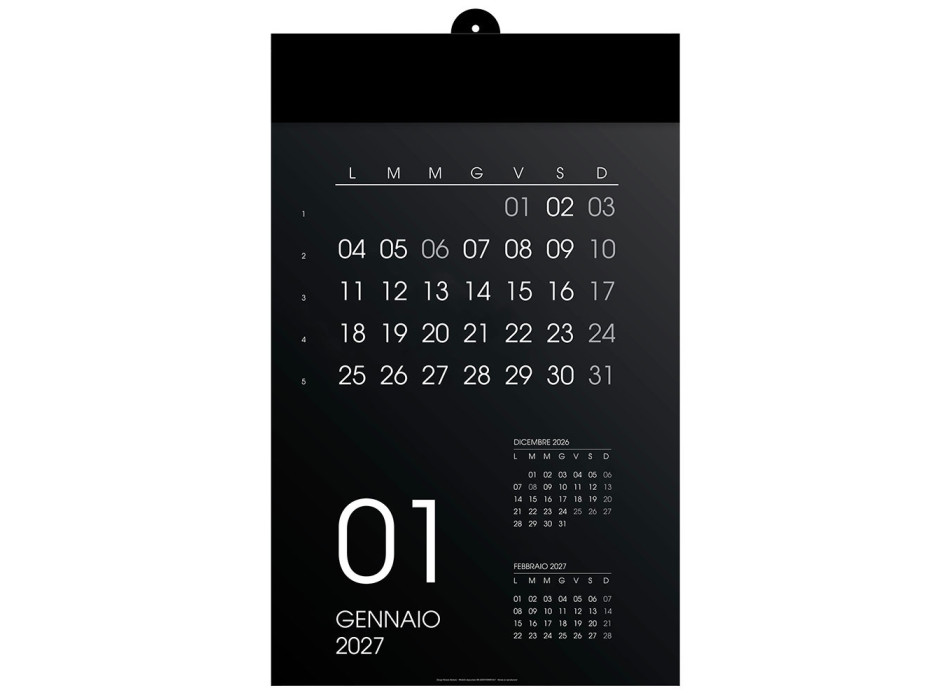 Calendario 2027 da parete mensile, 12 mesi, su cartoncino nero, termosaldato Gheddi