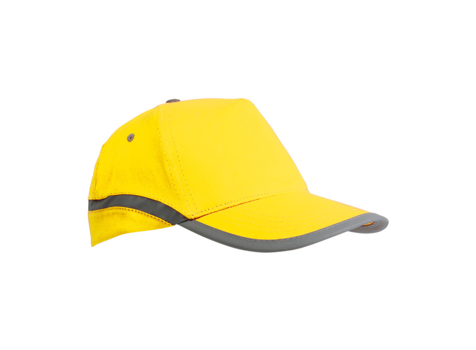 Cappellino ad alta visibilità in cotone, 5 pannelli con bande e chiusura catarifrangenti
