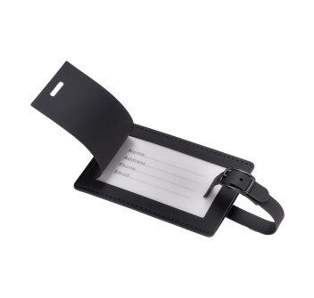 Etichetta per bagagli in soft PU. Con cartoncino interno per nome e dati di contatto