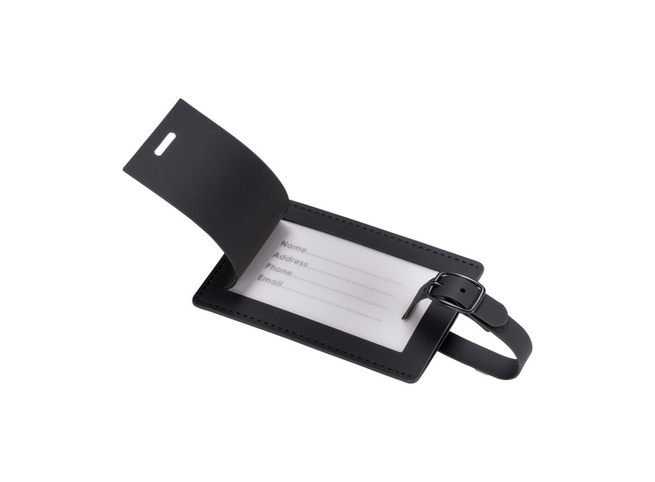 Etichetta per bagagli in soft PU. Con cartoncino interno per nome e dati di contatto