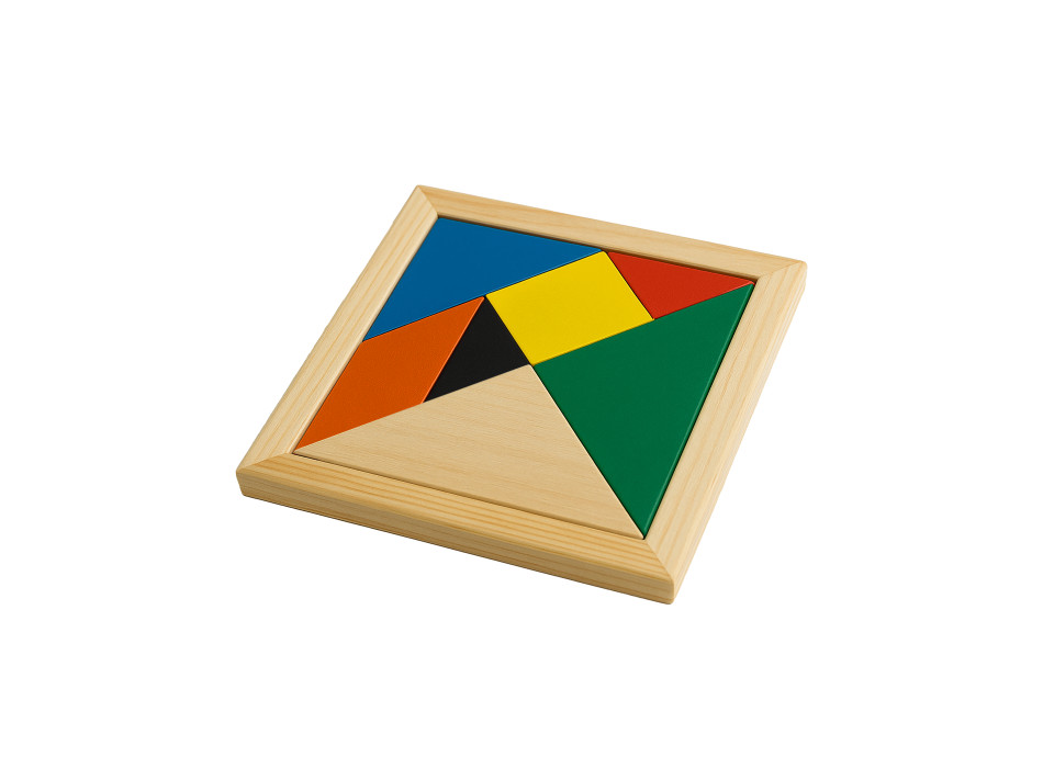 Gioco tangram in legno colorato, 7 pezzi, con bustina in cotone