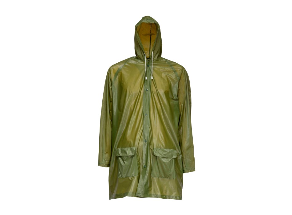 Impermeabile in pvc goffrato, con cappuccio e 2 tasche frontali, inserito in bustina
