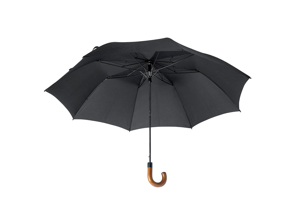 Ombrello automatico a pulsante con manico curvo in legno e astuccio in tinta