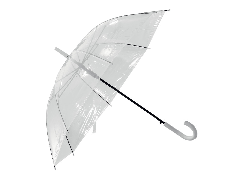 Ombrello automatico in POE trasparente con fusto in acciaio e manico curvo in plastica Gheddi