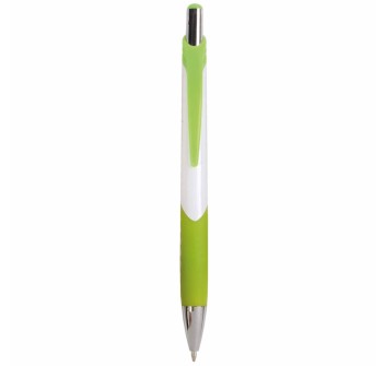 Penna a scatto in plastica con fusto bianco, impugatura gommata e colorata