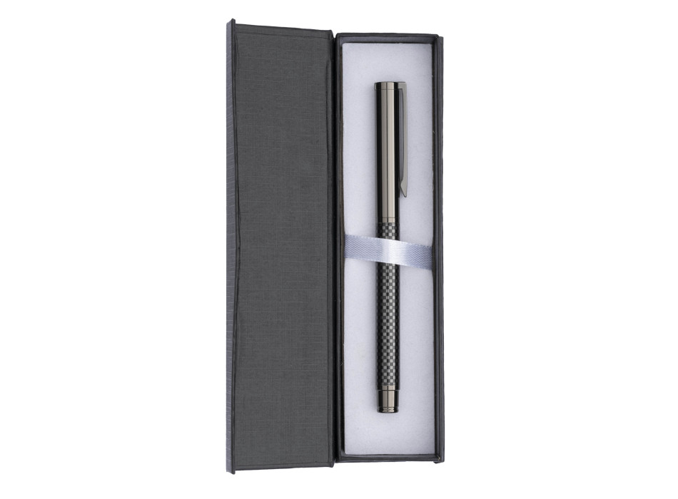 Penna a scatto in metallo brunito. Finiture in fibra di vetro, con scatola in cartoncino