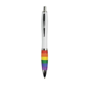 Penna a scatto in plastica abs, con fusto bianco, impugnatura arcobaleno gommata