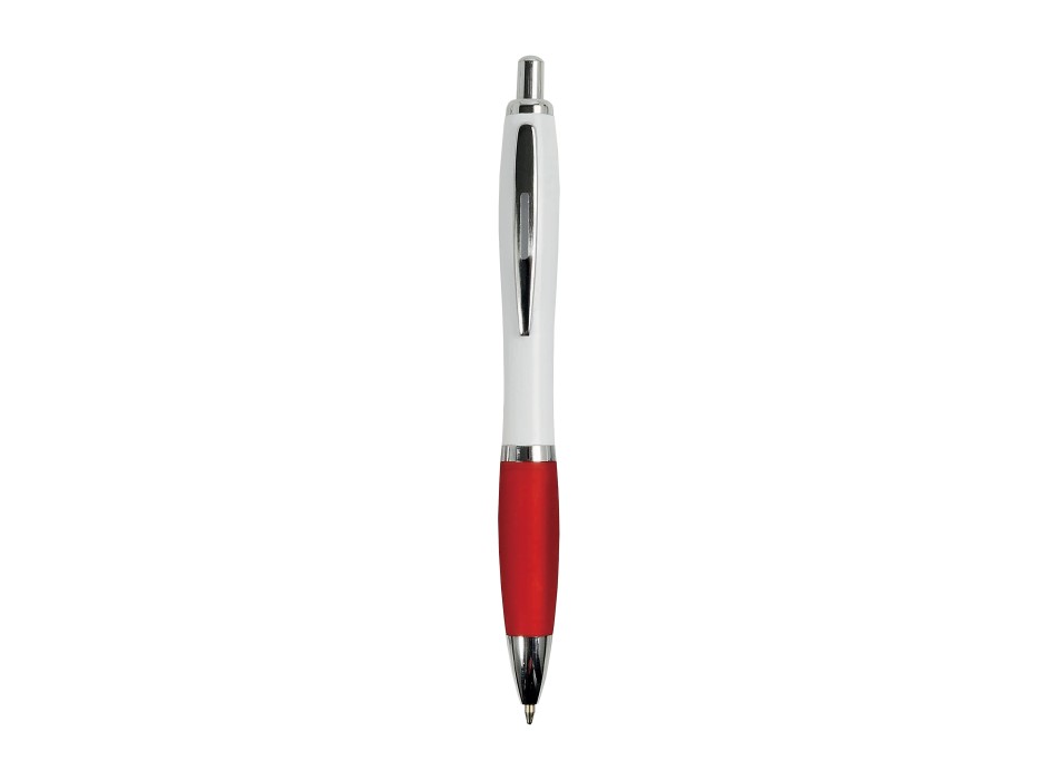 Penna a scatto in plastica abs, con fusto bianco, impugnatura colorata gommata
