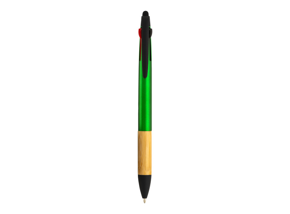 Penna a scatto in plastica con 3 refill, con gommino per touch screen, impugnatura in bamb