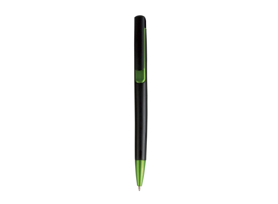 Penna a scatto in plastica con fusto nero, punta e particolare metallizzati