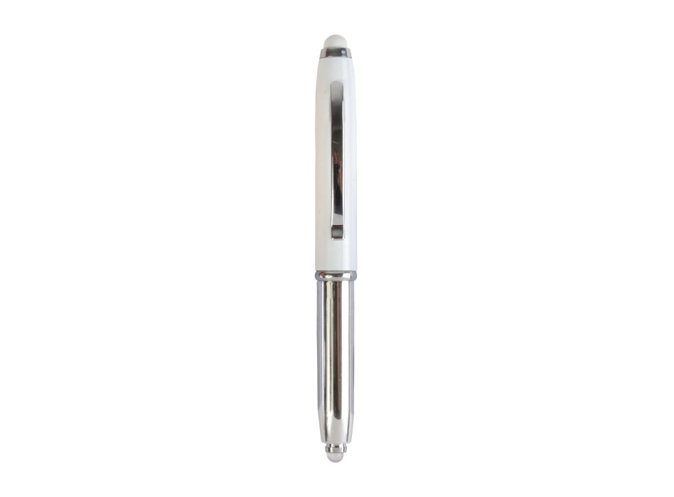 Mini penna in plastica color argento, con cappuccio e clip in metallo, con luce