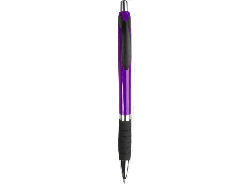 Penna a scatto in plastica, con fusto colorato, impugnatura gommata e particolari cromati