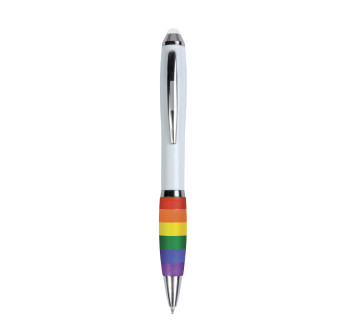 Penna twist in plastica con fusto bianco, impugnatura gommata arcobaleno