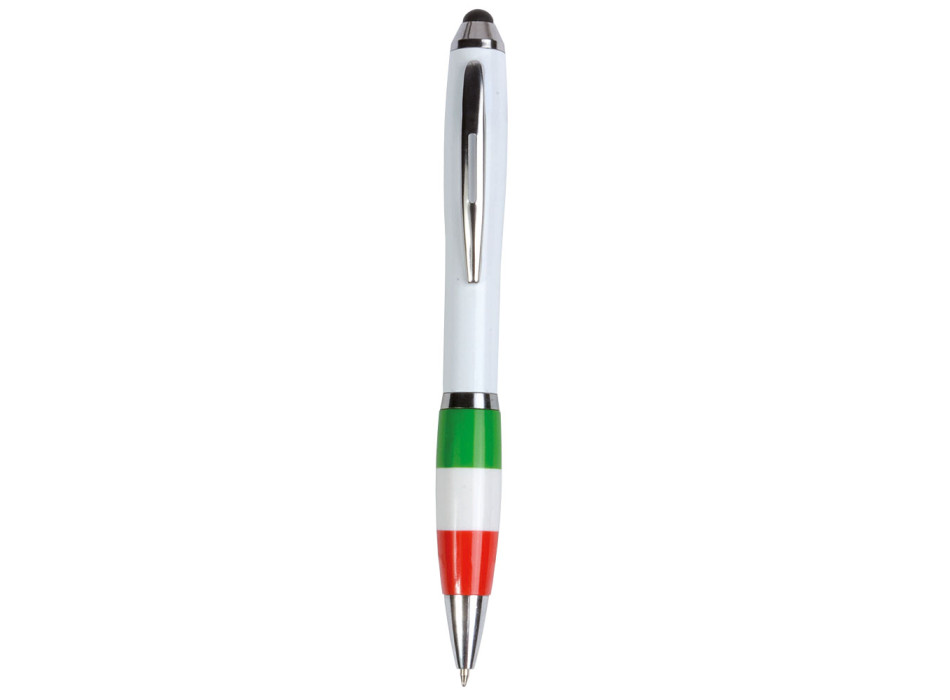 Penna twist in plastica con fusto bianco, impugnatura tricolore e gommino per touch screen