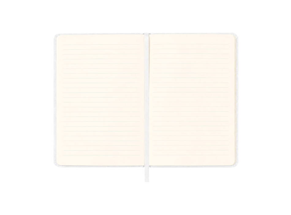 Quaderno con copertina rigida in R-PET. Elastico di chiusura e segnalibro in raso Gheddi