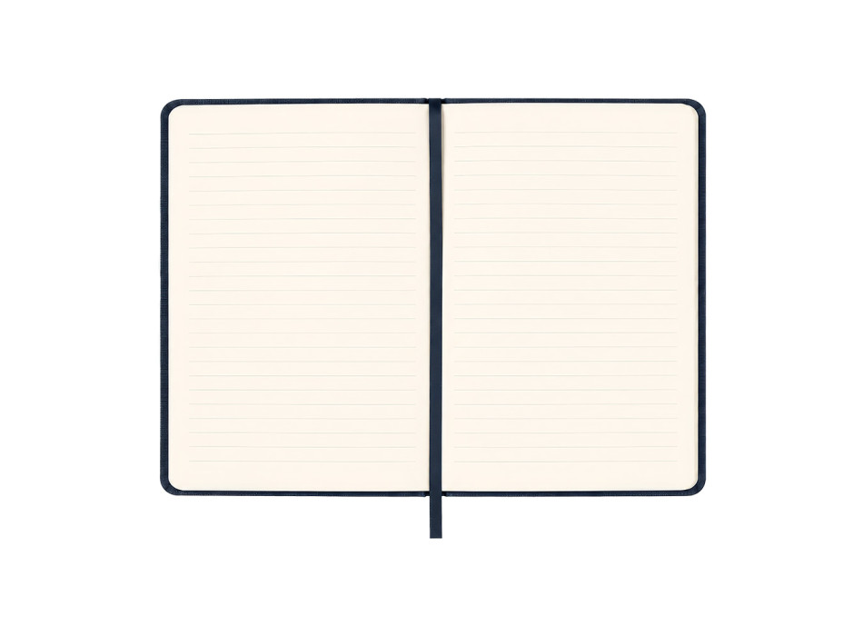 Quaderno con copertina rigida in R-PET. Elastico di chiusura e segnalibro in raso Gheddi