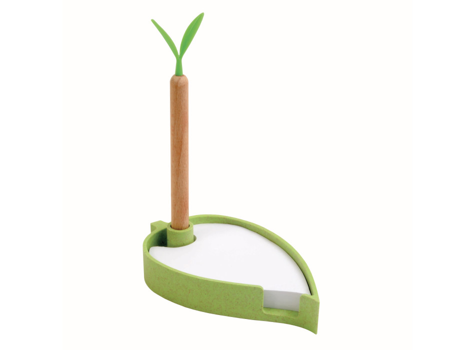 Set con penna in legno, porta foglietti in paglia di grano e PP e blocchetto per appunti Gheddi